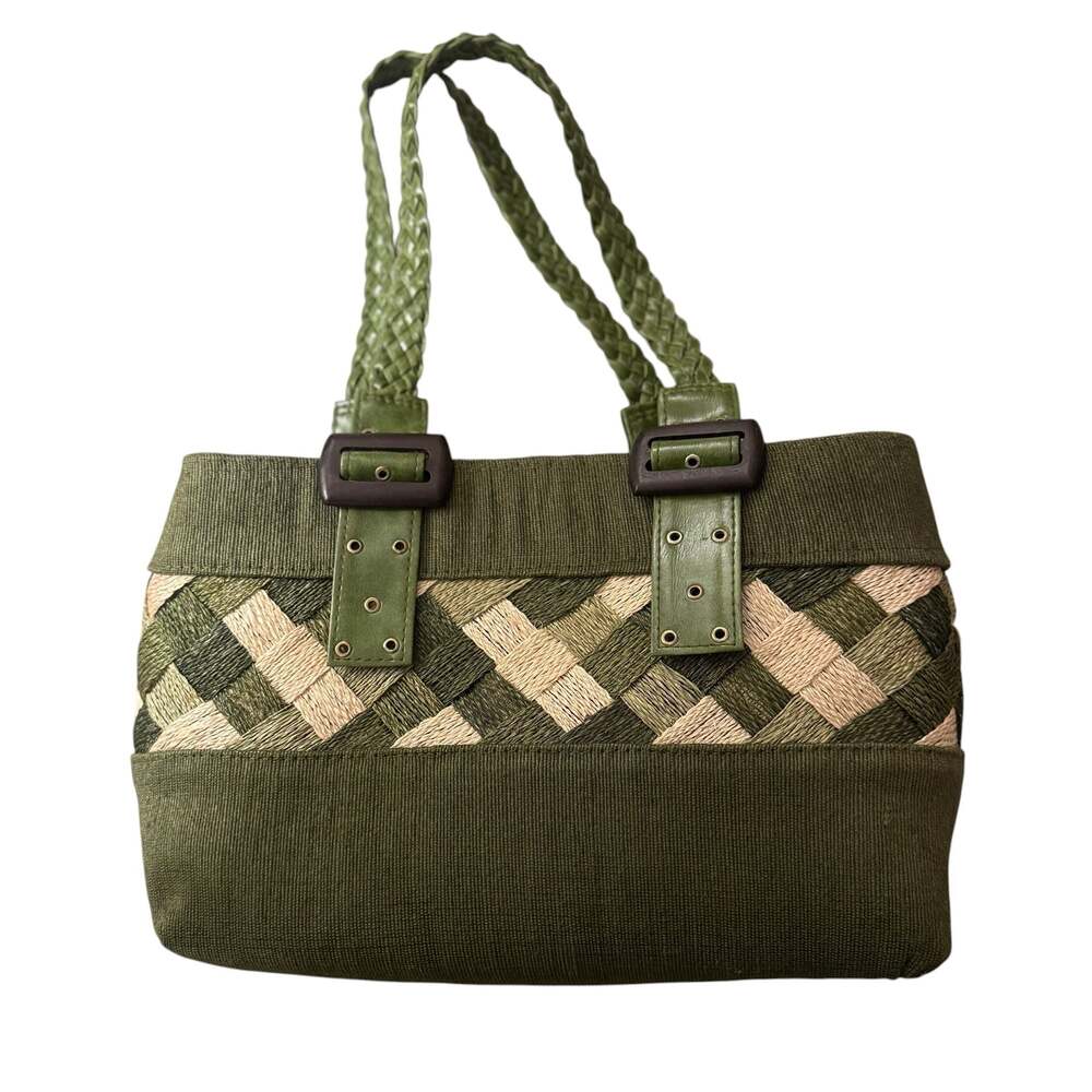 Vintage Style Green and Beige Woven Fiber Shoulder Bag with Braided Handles